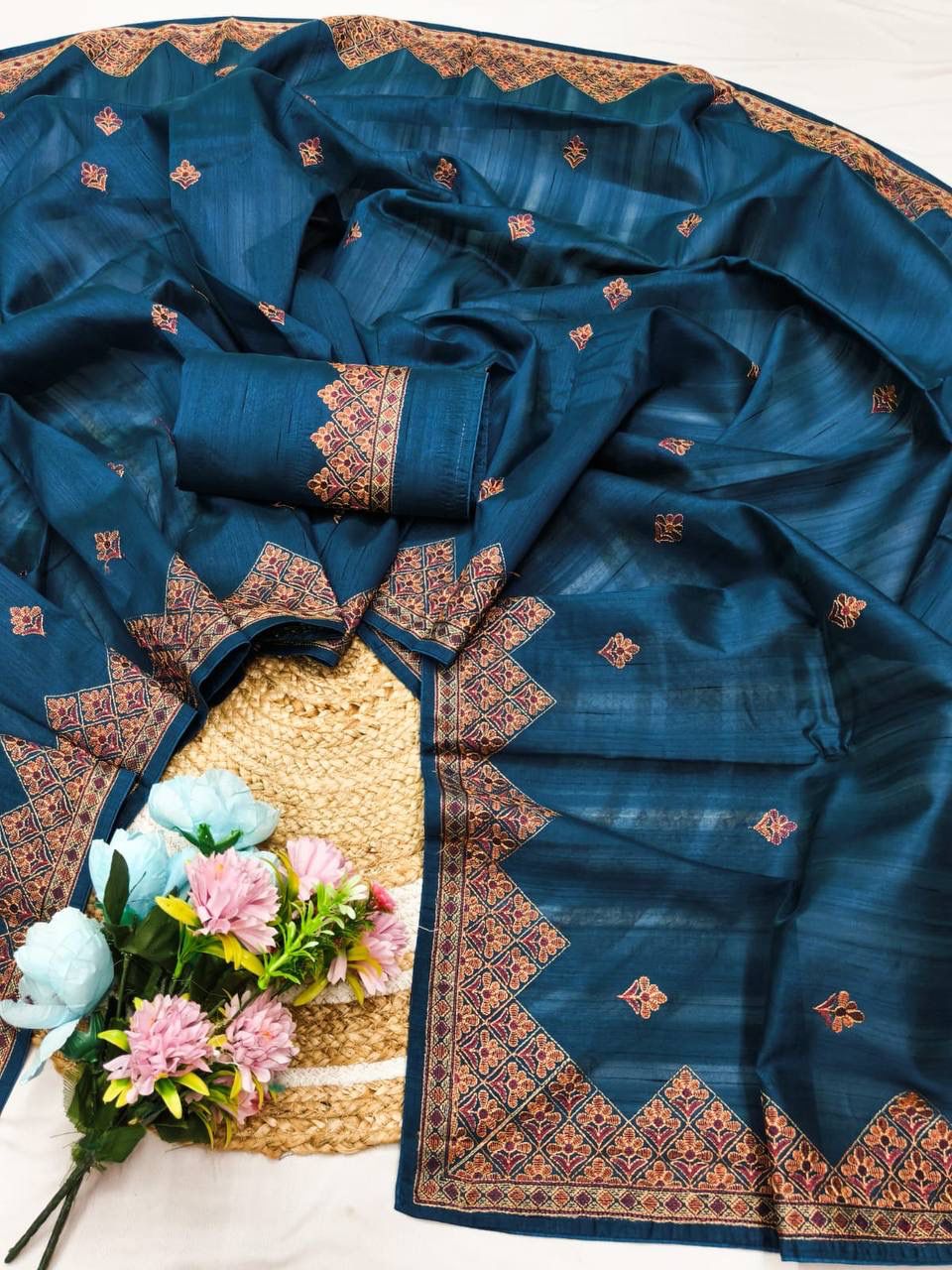 Panache Teal Blue Embroidery Work Tussar Silk Saree With Embrocation Blouse Piece