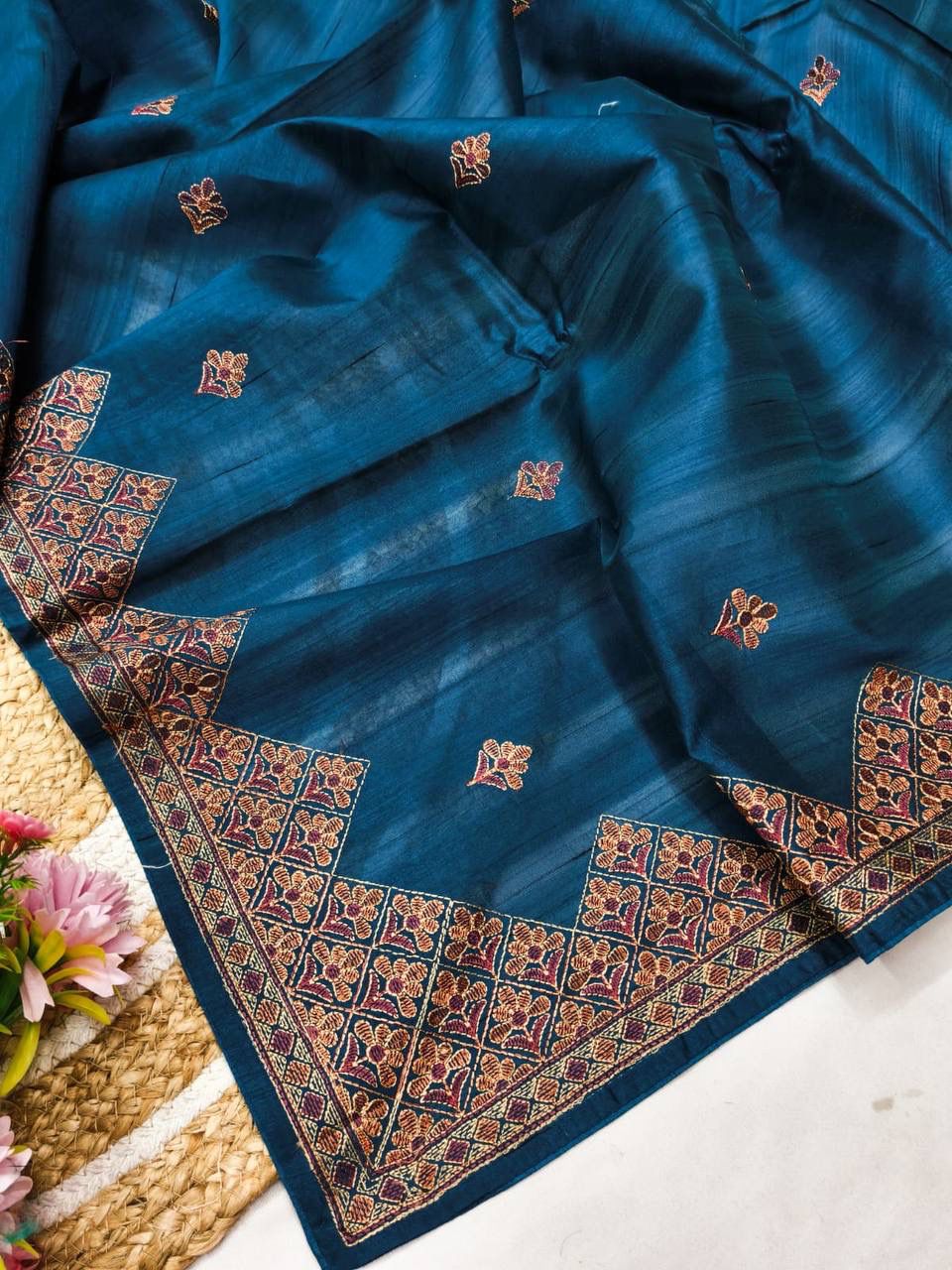 Panache Teal Blue Embroidery Work Tussar Silk Saree With Embrocation Blouse Piece