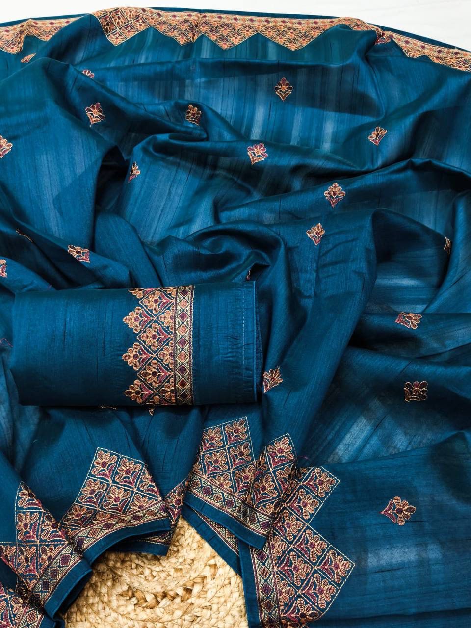 Panache Teal Blue Embroidery Work Tussar Silk Saree With Embrocation Blouse Piece