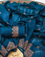 Panache Teal Blue Embroidery Work Tussar Silk Saree With Embrocation Blouse Piece