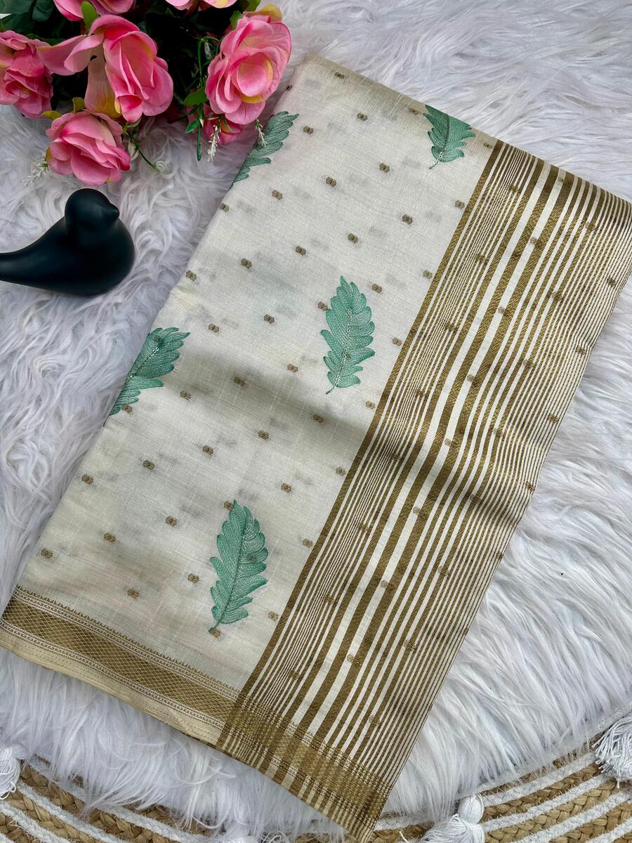 Ideal Off White Embroidery Work Tussar Silk Saree With Inimitable Blouse Piece