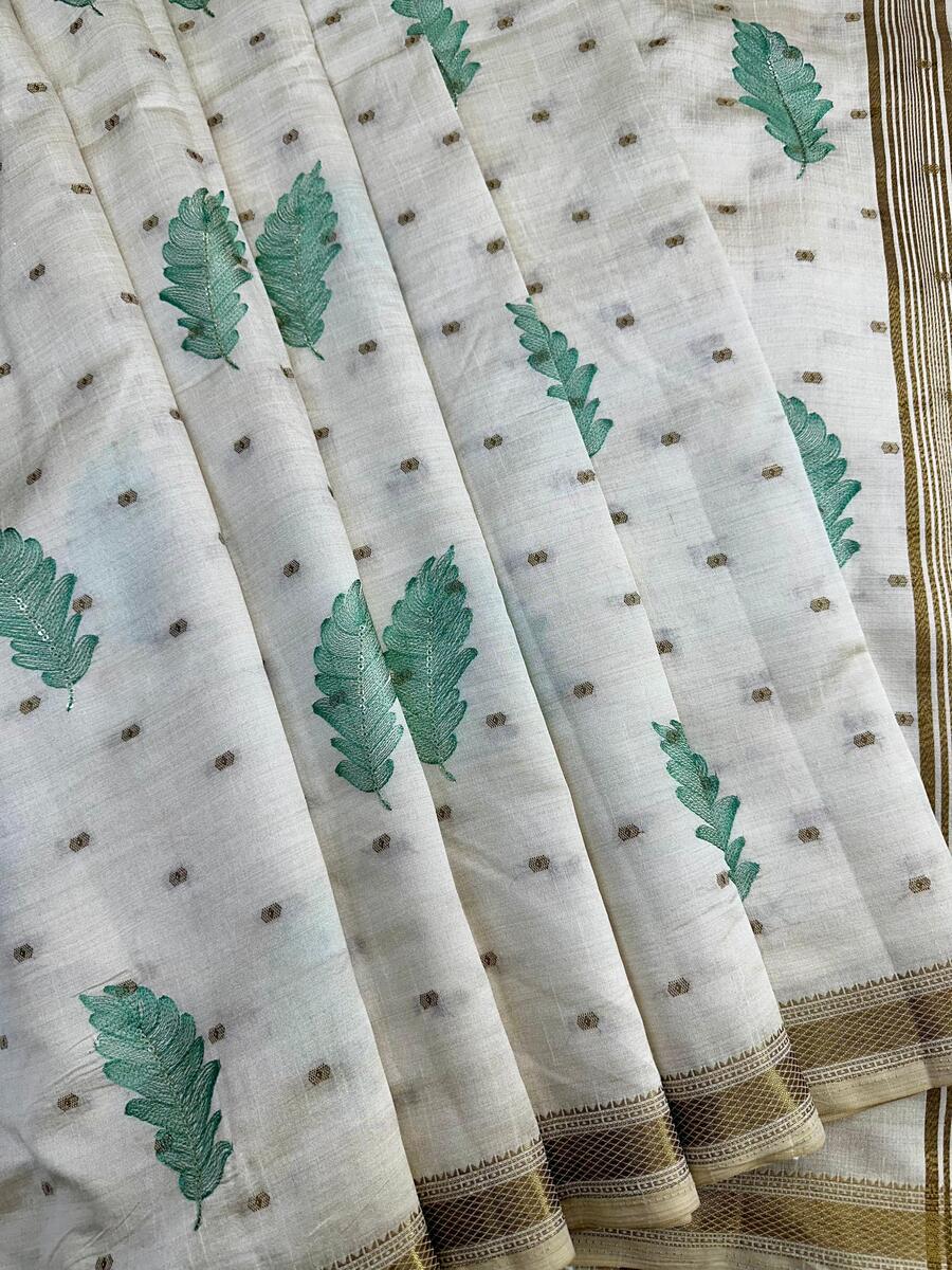 Ideal Off White Embroidery Work Tussar Silk Saree With Inimitable Blouse Piece