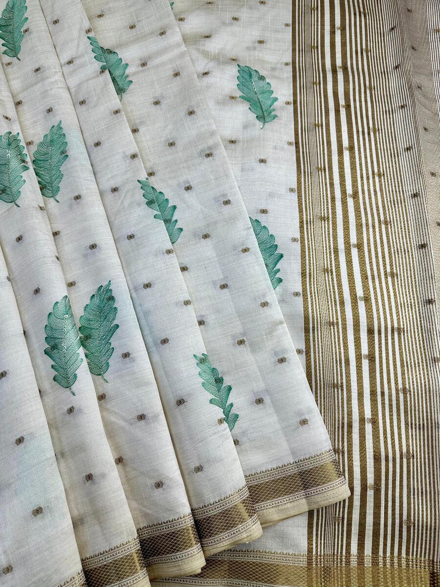 Ideal Off White Embroidery Work Tussar Silk Saree With Inimitable Blouse Piece