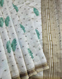 Ideal Off White Embroidery Work Tussar Silk Saree With Inimitable Blouse Piece