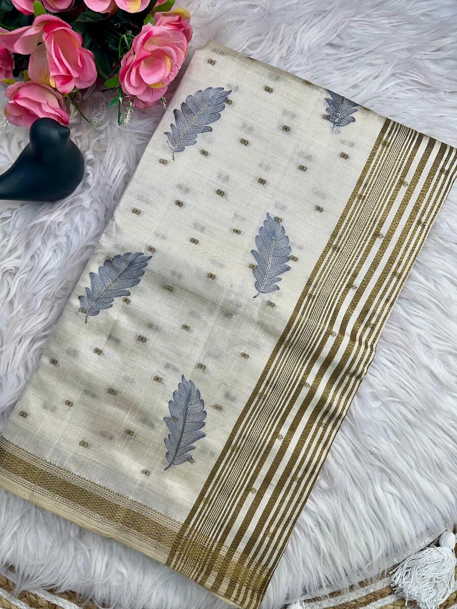Unique Off White Embroidery Work Tussar Silk Saree With Excellent Blouse Piece