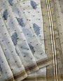 Unique Off White Embroidery Work Tussar Silk Saree With Excellent Blouse Piece