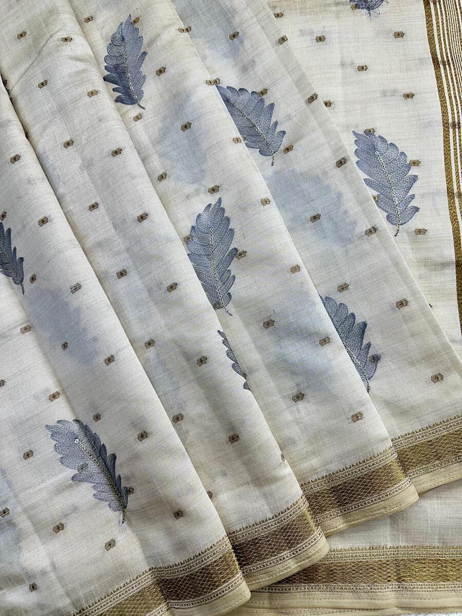 Unique Off White Embroidery Work Tussar Silk Saree With Excellent Blouse Piece