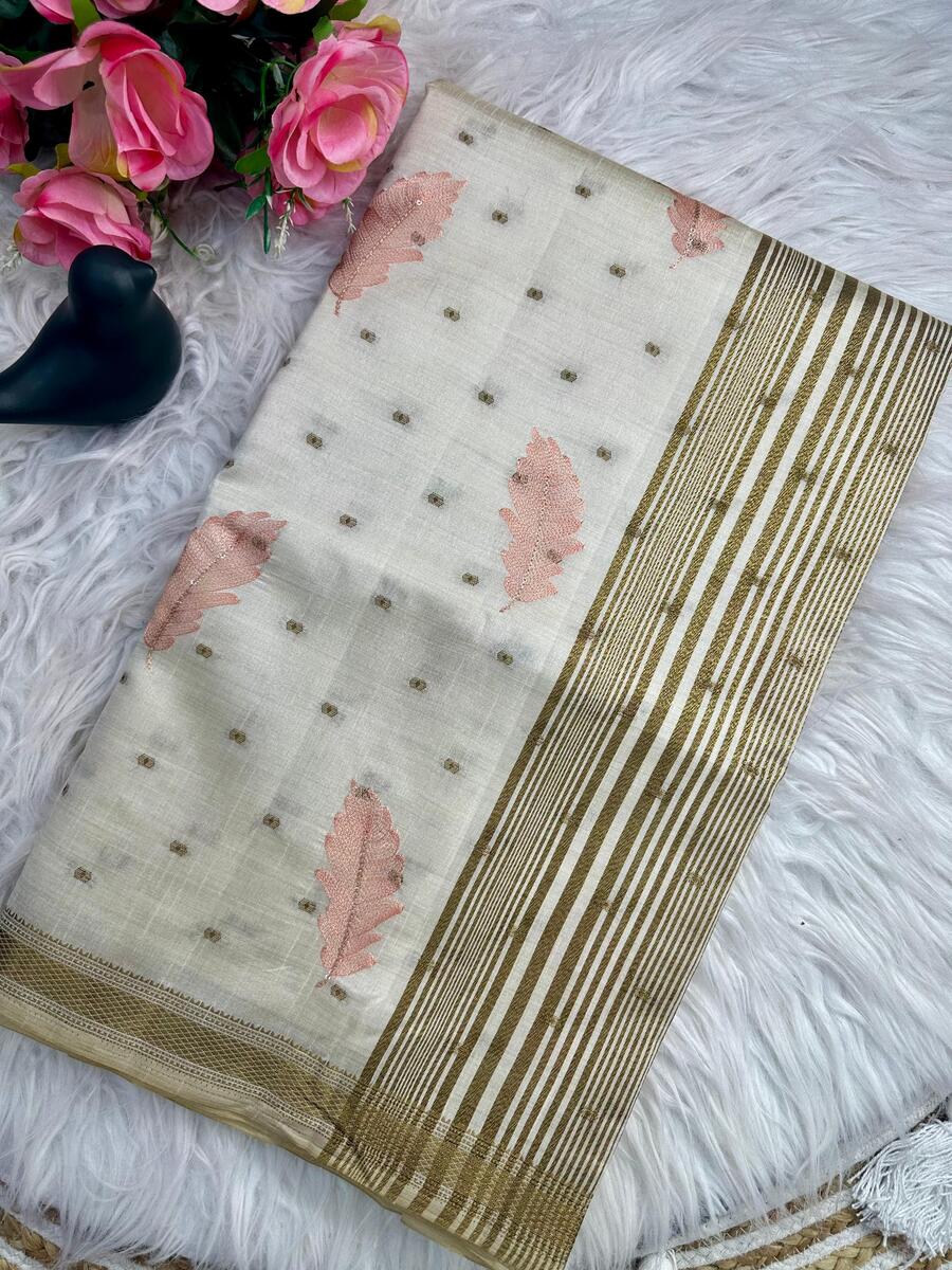 Dalliance Off White Embroidery Work Tussar Silk Saree With Pleasant Blouse Piece