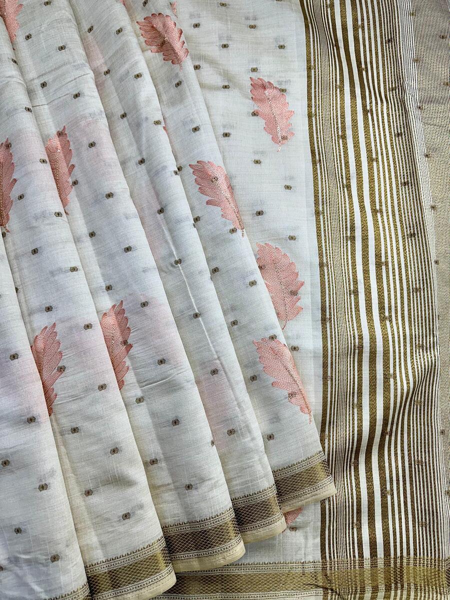 Dalliance Off White Embroidery Work Tussar Silk Saree With Pleasant Blouse Piece