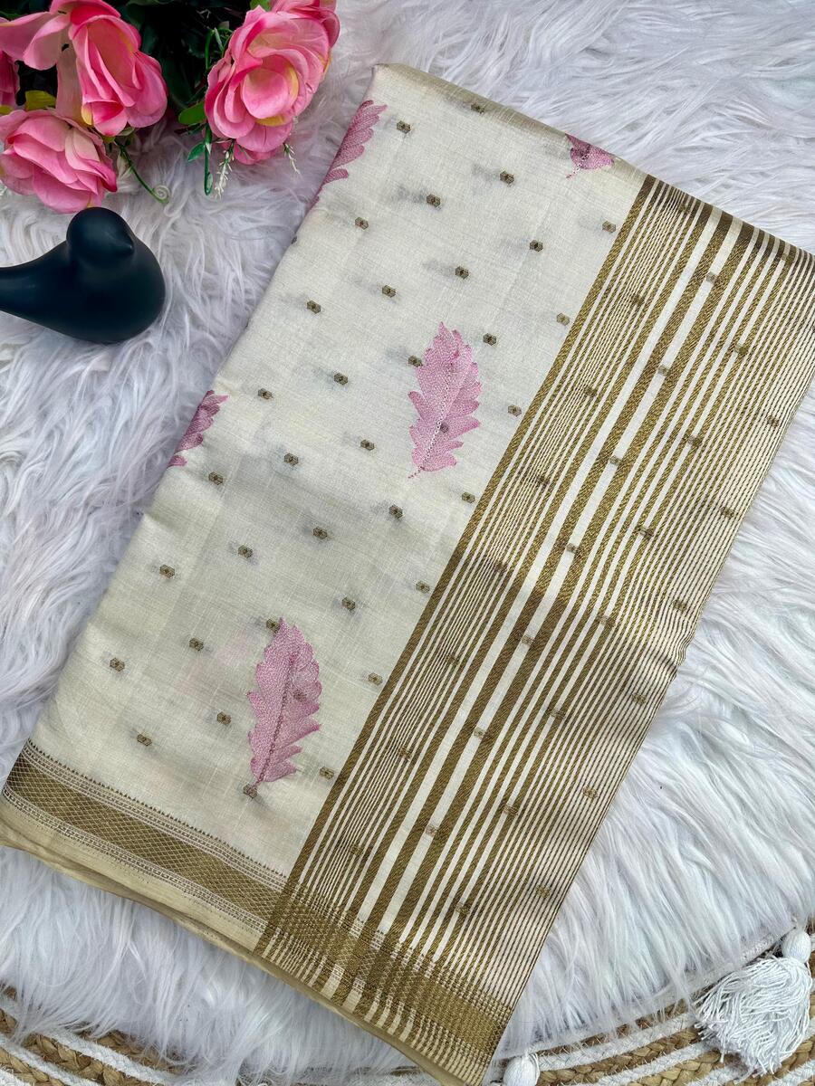Delightful Off White Embroidery Work Tussar Silk Saree With Traditional Blouse Piece