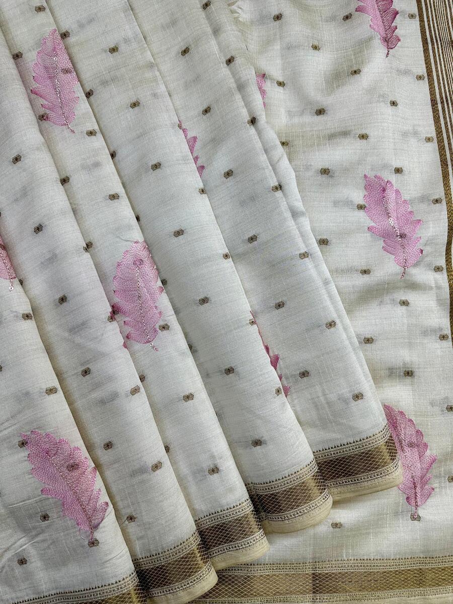 Delightful Off White Embroidery Work Tussar Silk Saree With Traditional Blouse Piece