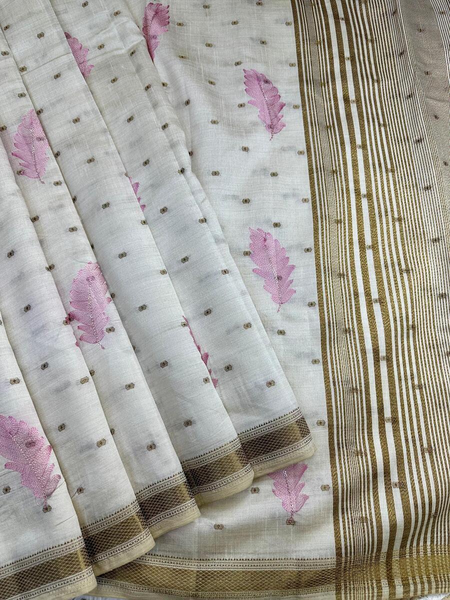 Delightful Off White Embroidery Work Tussar Silk Saree With Traditional Blouse Piece
