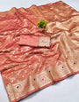 Pulsating Peach Soft Banarasi Silk Saree With Sophisticated Blouse Piece
