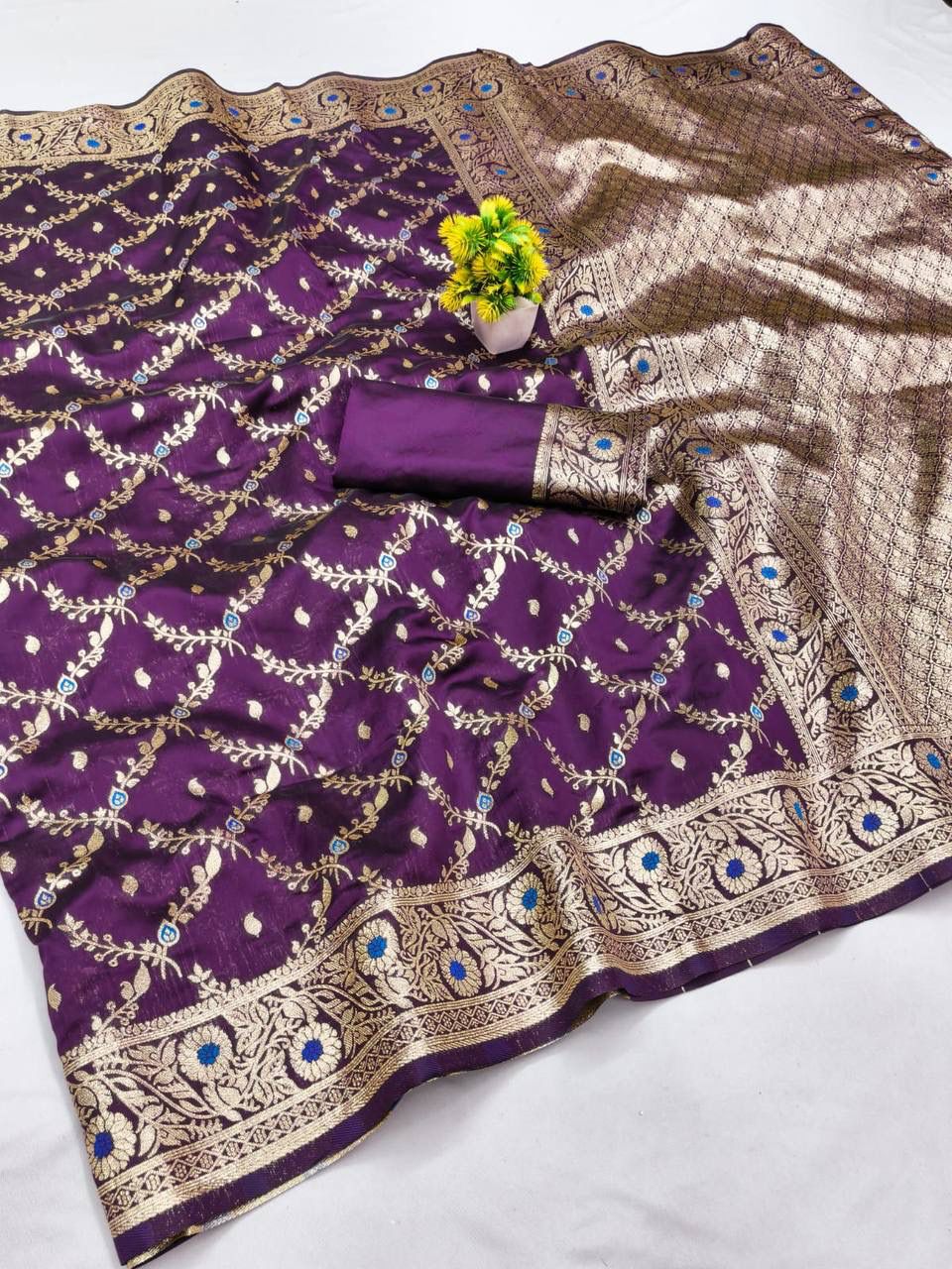 Incredible Purple Soft Banarasi Silk Saree With Fancifull Blouse Piece