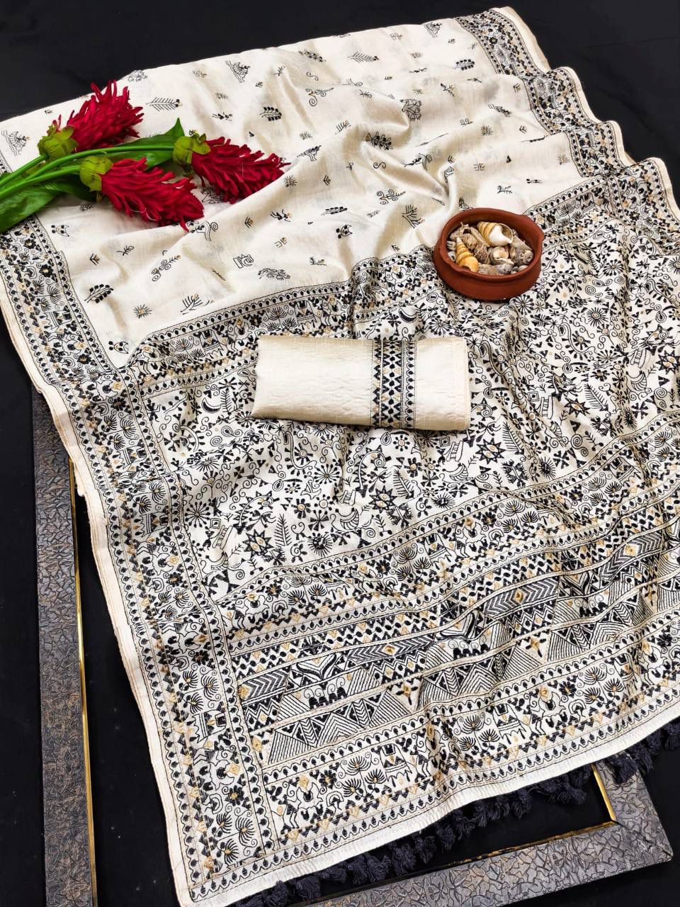 Snazzy Off White Embroidery Work Tussar Silk Saree With Transcendent Blouse Piece