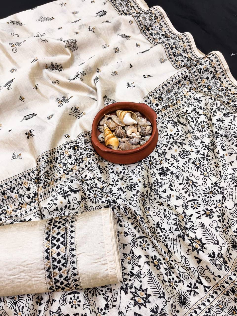 Snazzy Off White Embroidery Work Tussar Silk Saree With Transcendent Blouse Piece