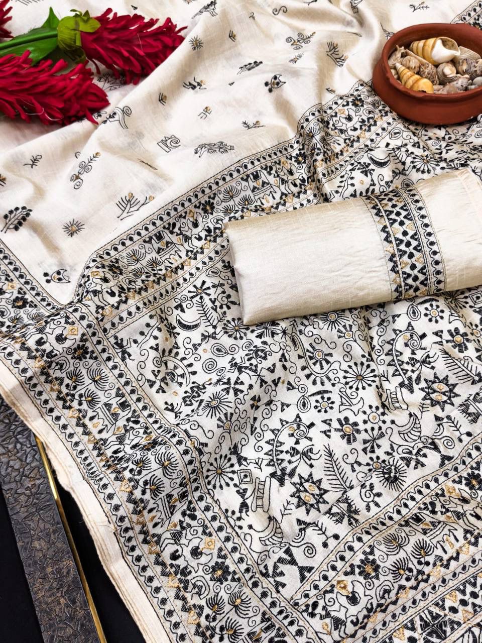 Snazzy Off White Embroidery Work Tussar Silk Saree With Transcendent Blouse Piece