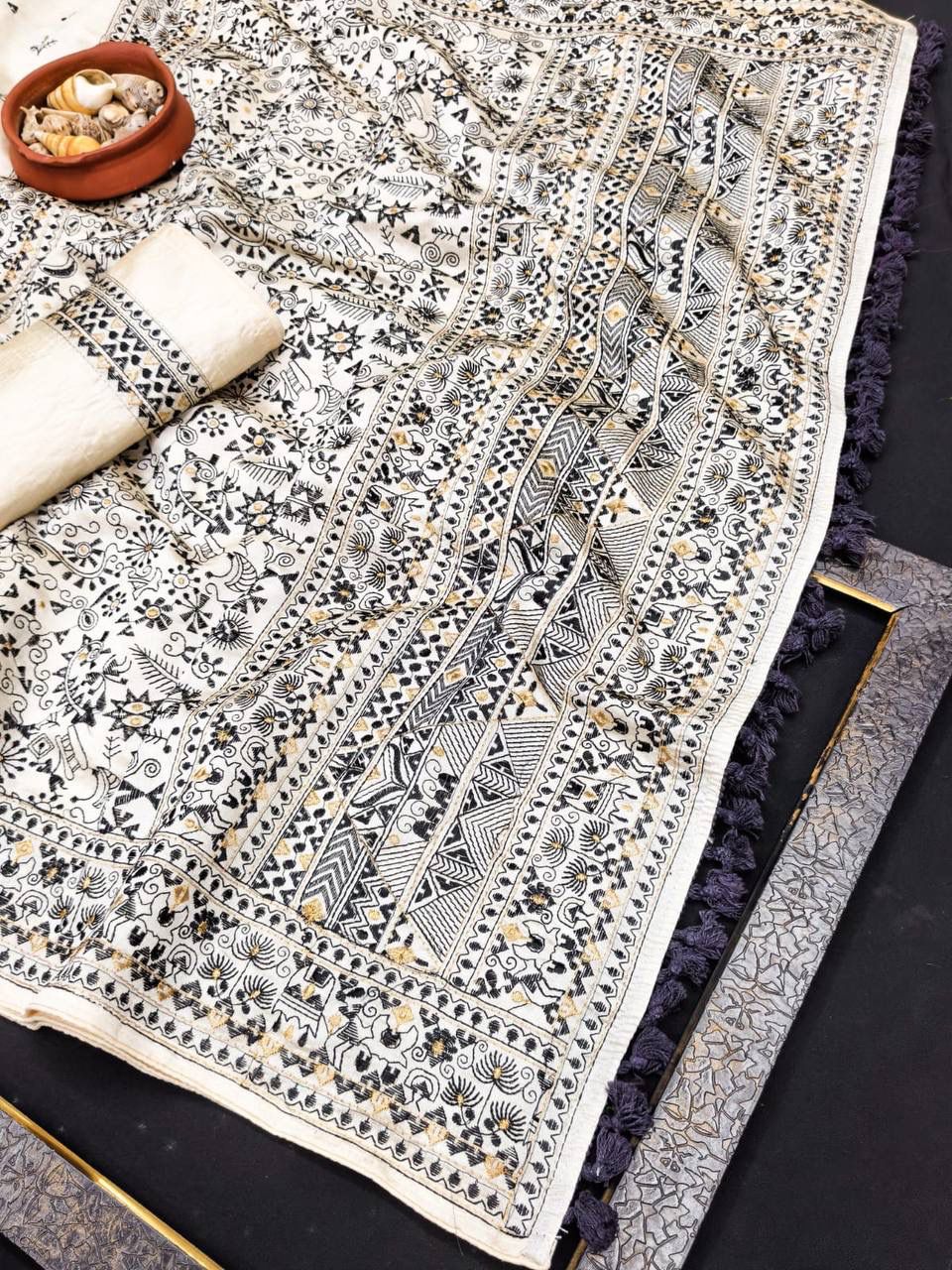 Snazzy Off White Embroidery Work Tussar Silk Saree With Transcendent Blouse Piece