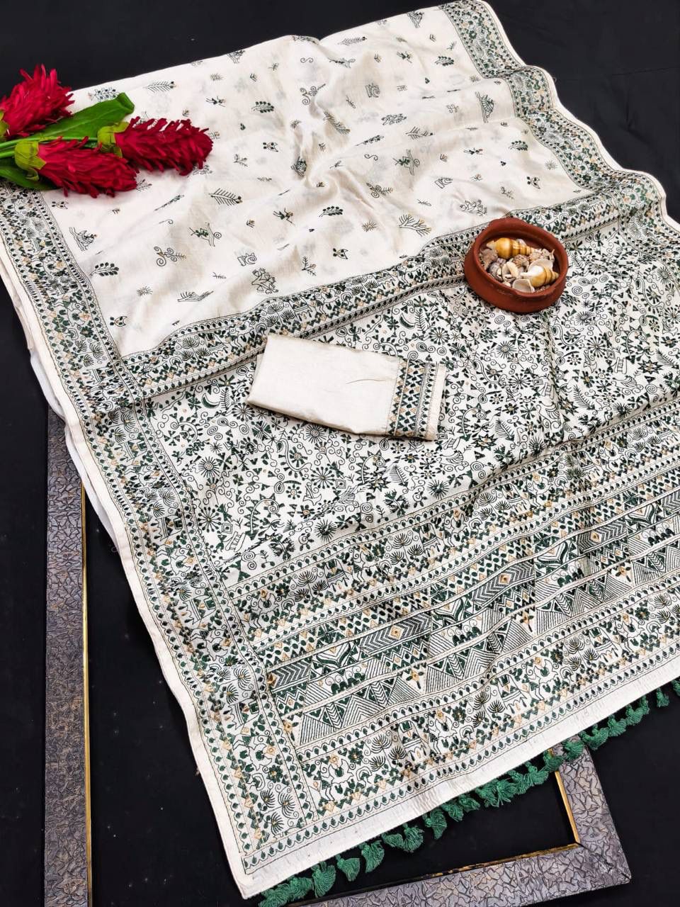 Scintillating Off White Embroidery Work Tussar Silk Saree With Engaging Blouse Piece