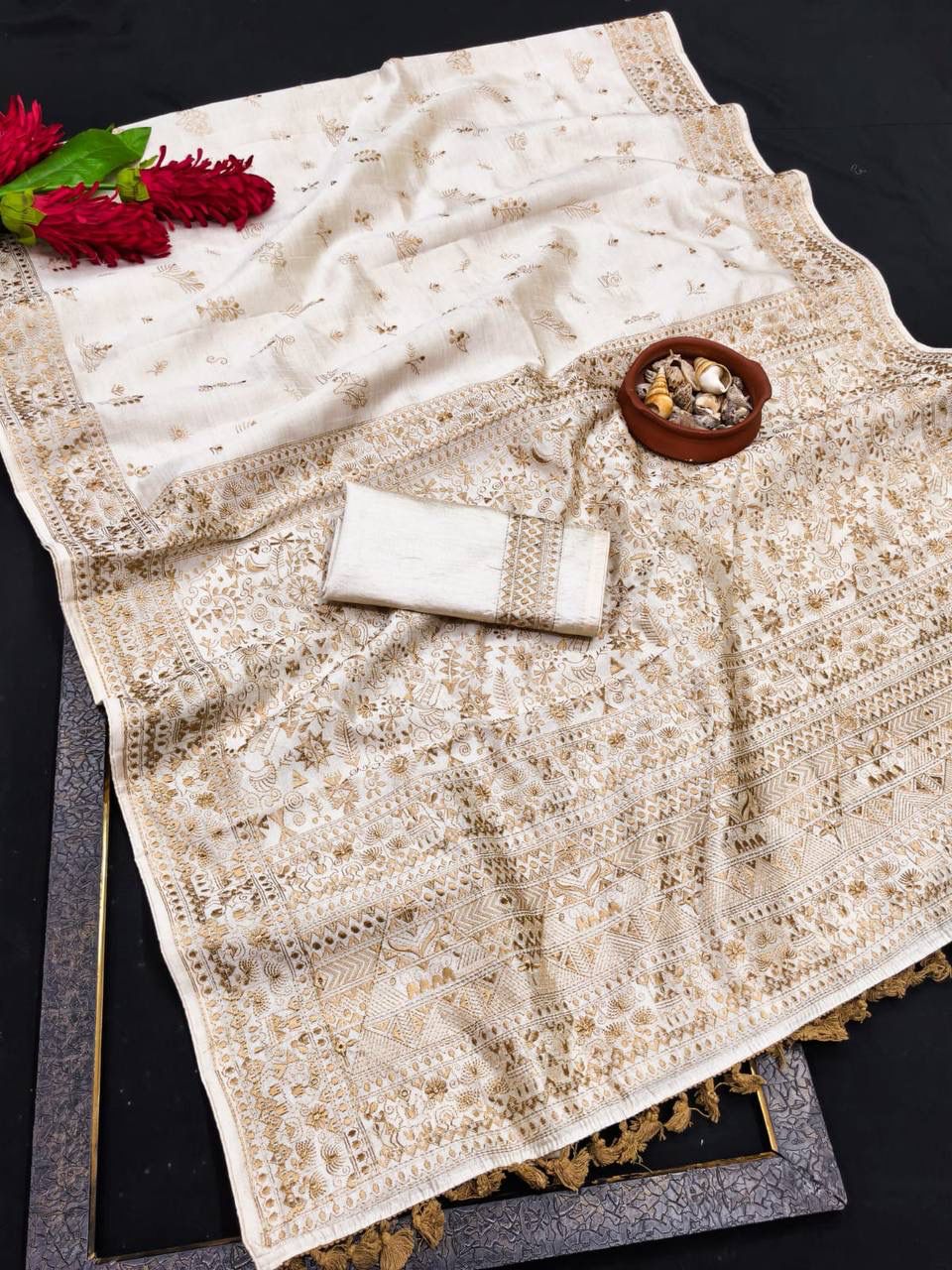 Classy Off White Embroidery Work Tussar Silk Saree With Fragrant Blouse Piece