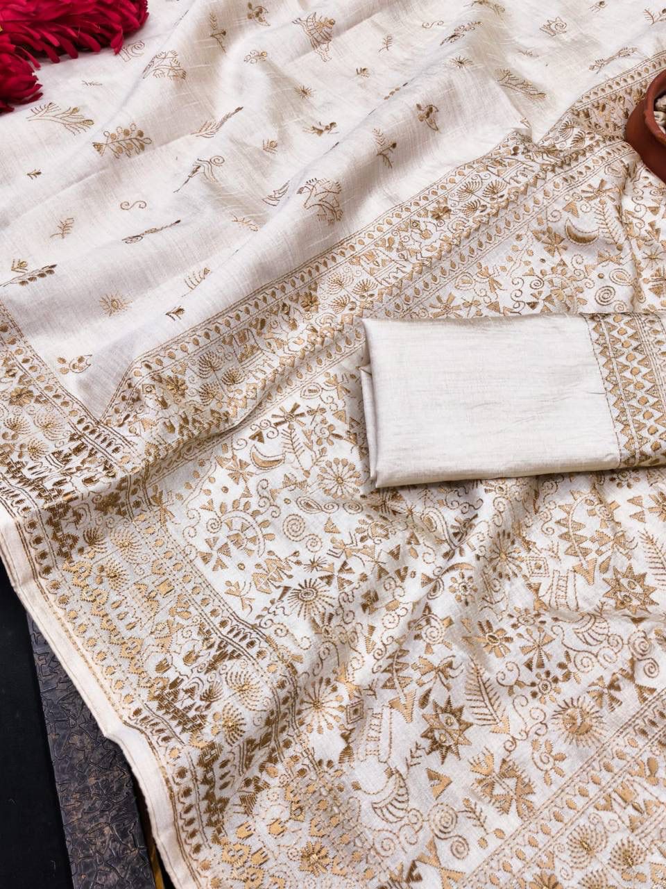 Classy Off White Embroidery Work Tussar Silk Saree With Fragrant Blouse Piece