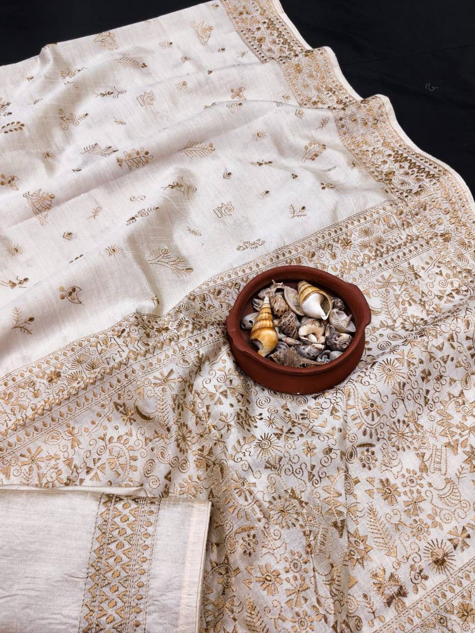 Classy Off White Embroidery Work Tussar Silk Saree With Fragrant Blouse Piece