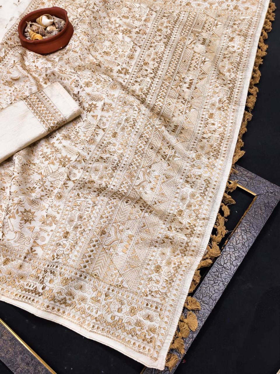 Classy Off White Embroidery Work Tussar Silk Saree With Fragrant Blouse Piece