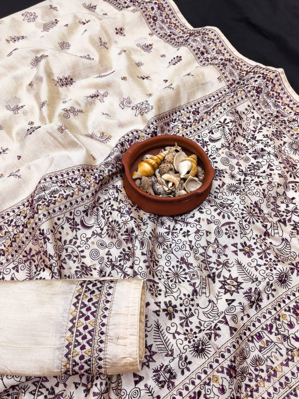 Majesty Off White Embroidery Work Tussar Silk Saree With Brood Blouse Piece