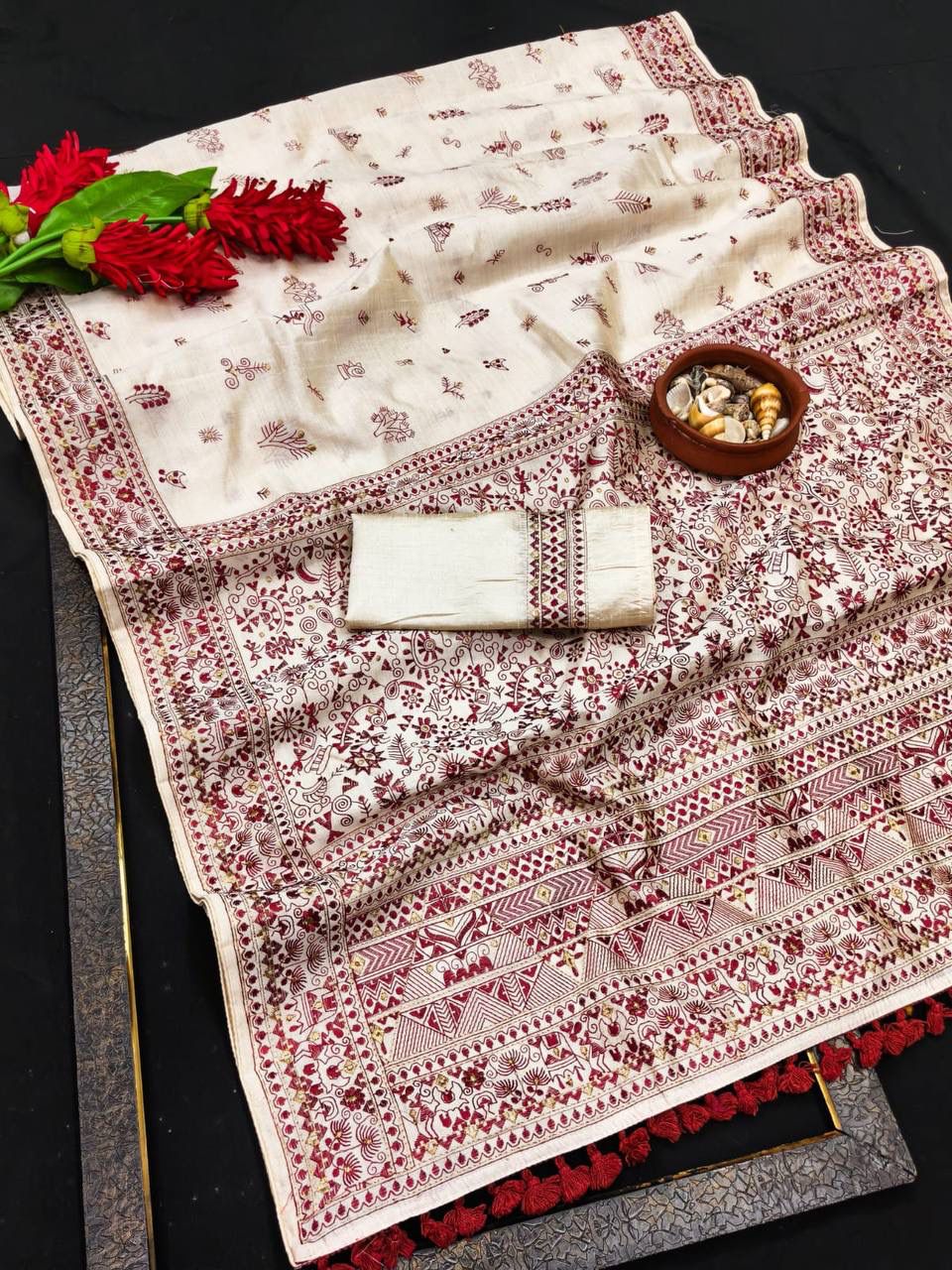 Adorning Off White Embroidery Work Tussar Silk Saree With Grandiose Blouse Piece