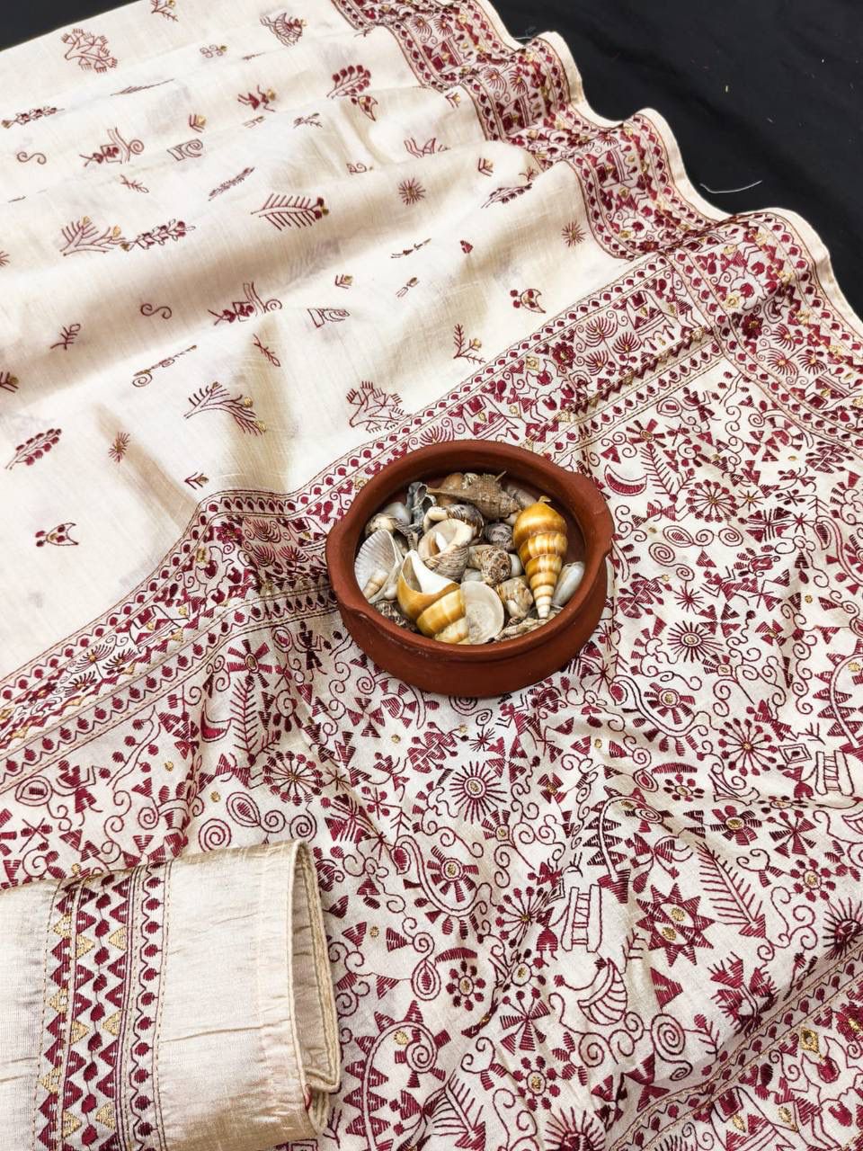 Adorning Off White Embroidery Work Tussar Silk Saree With Grandiose Blouse Piece