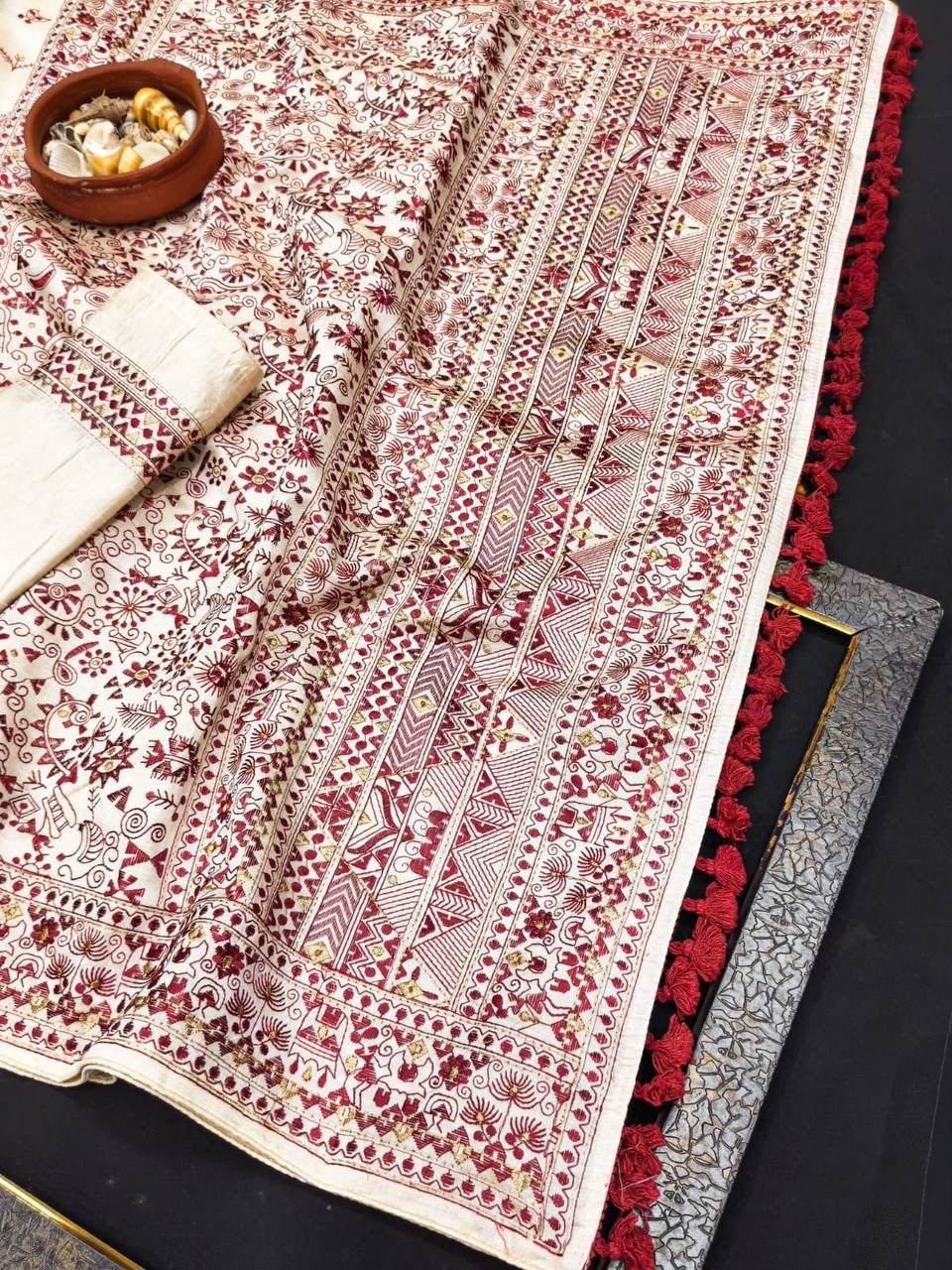Adorning Off White Embroidery Work Tussar Silk Saree With Grandiose Blouse Piece
