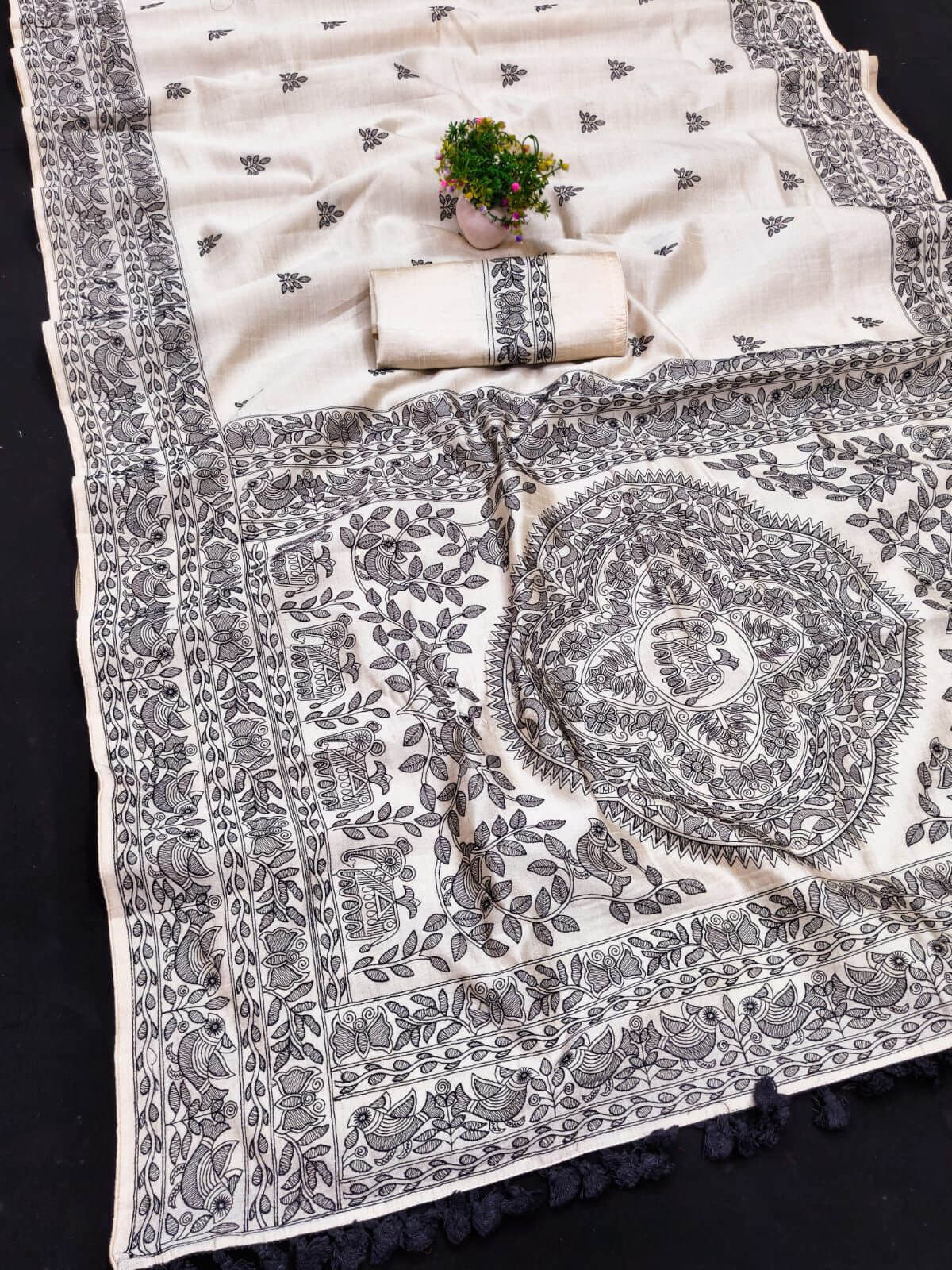 Exuberant Off White Embroidery Work Tussar Silk Saree With Conflate Blouse Piece