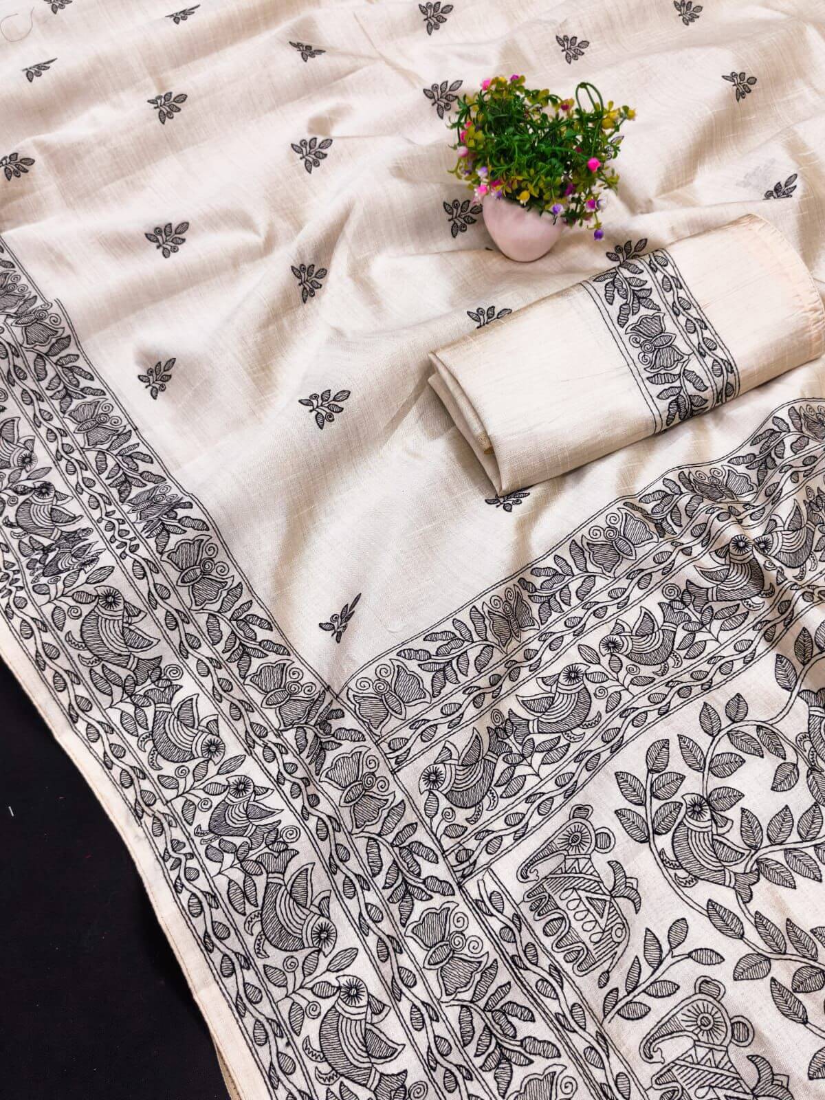 Exuberant Off White Embroidery Work Tussar Silk Saree With Conflate Blouse Piece