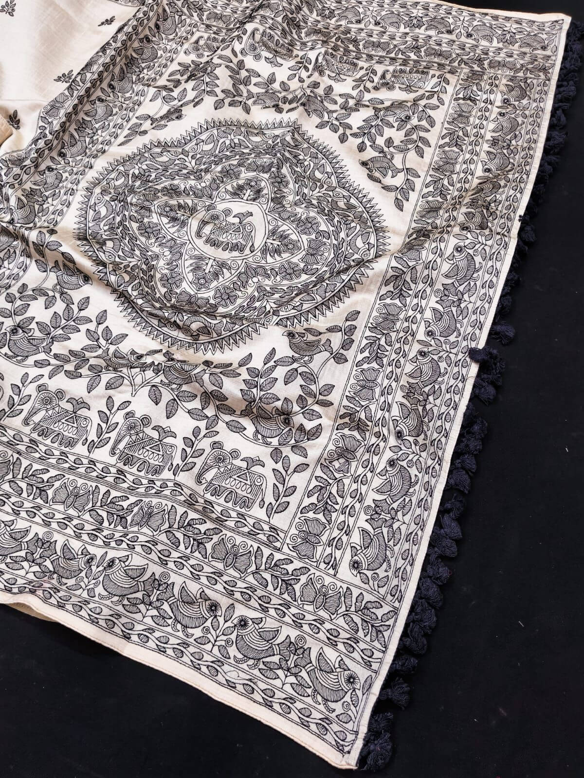 Exuberant Off White Embroidery Work Tussar Silk Saree With Conflate Blouse Piece