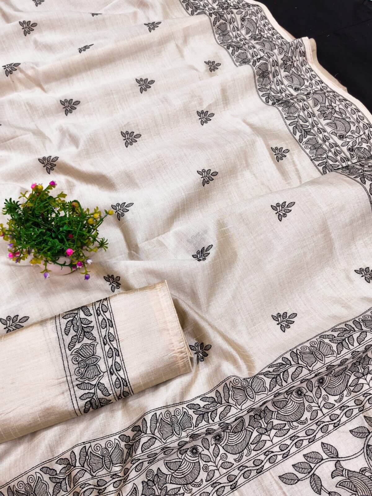 Exuberant Off White Embroidery Work Tussar Silk Saree With Conflate Blouse Piece