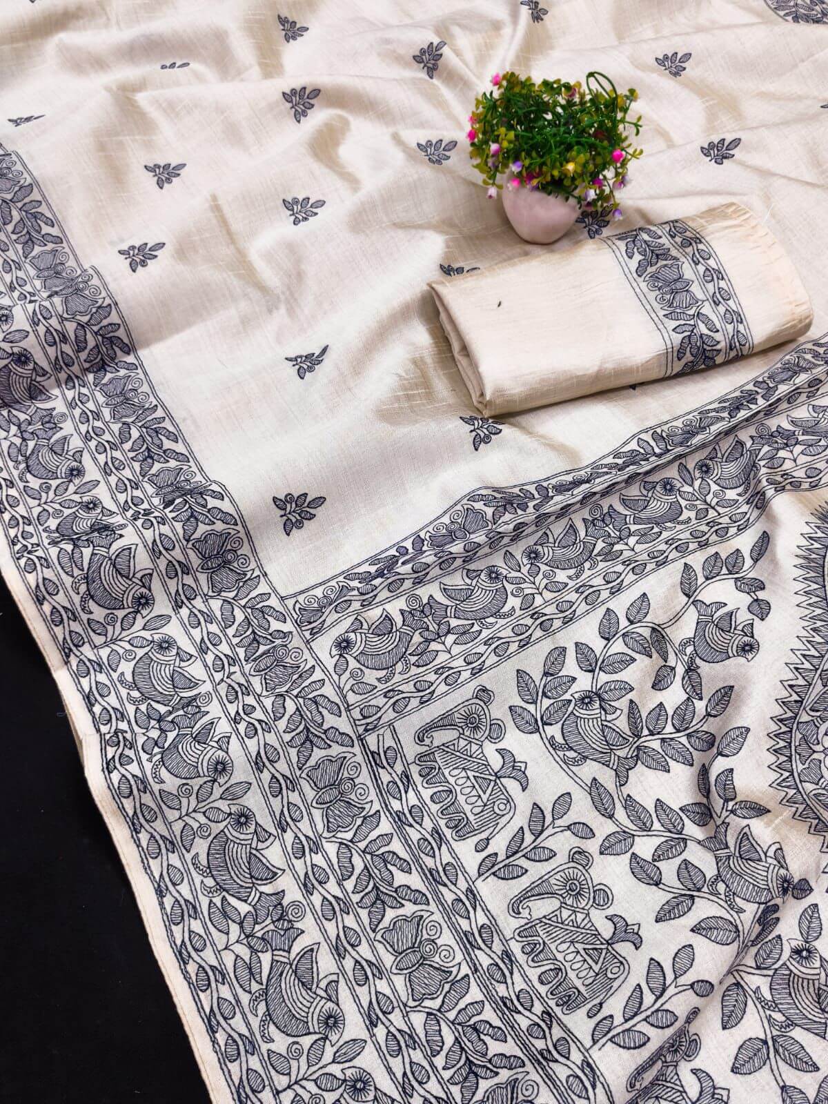 Nectarous Off White Embroidery Work Tussar Silk Saree With Sumptuous Blouse Piece