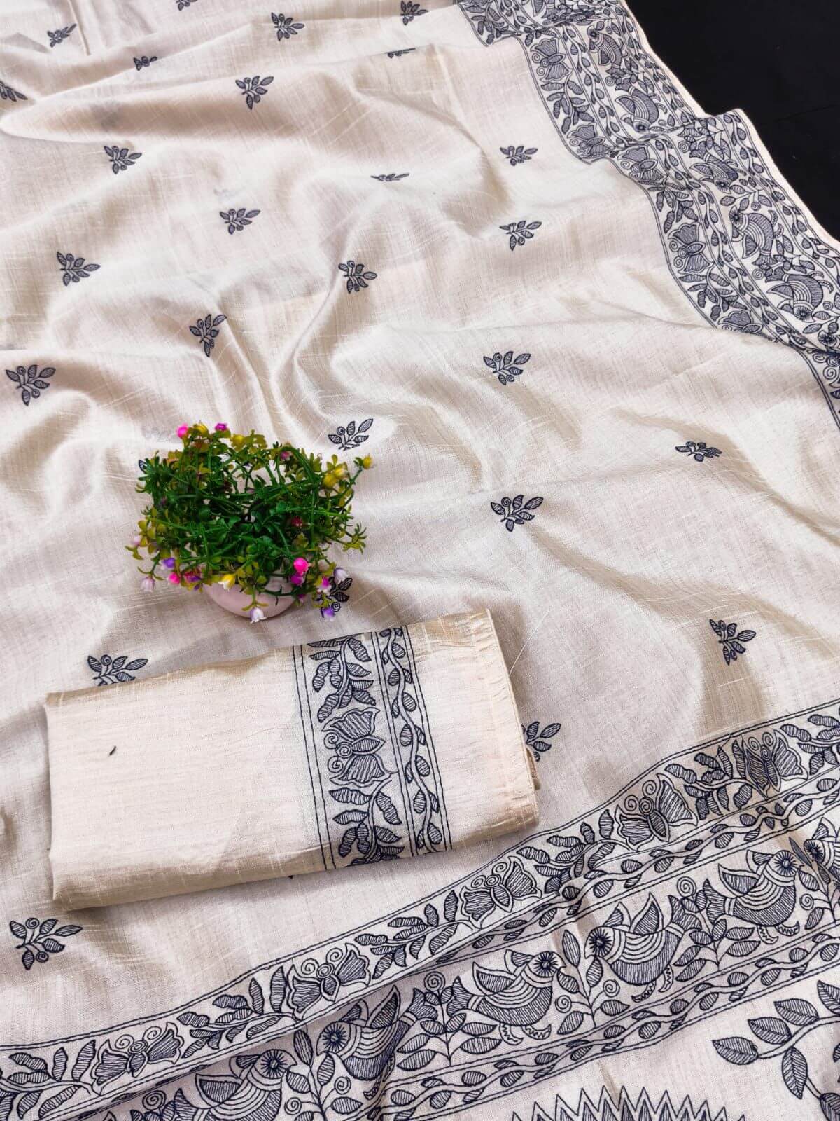 Nectarous Off White Embroidery Work Tussar Silk Saree With Sumptuous Blouse Piece