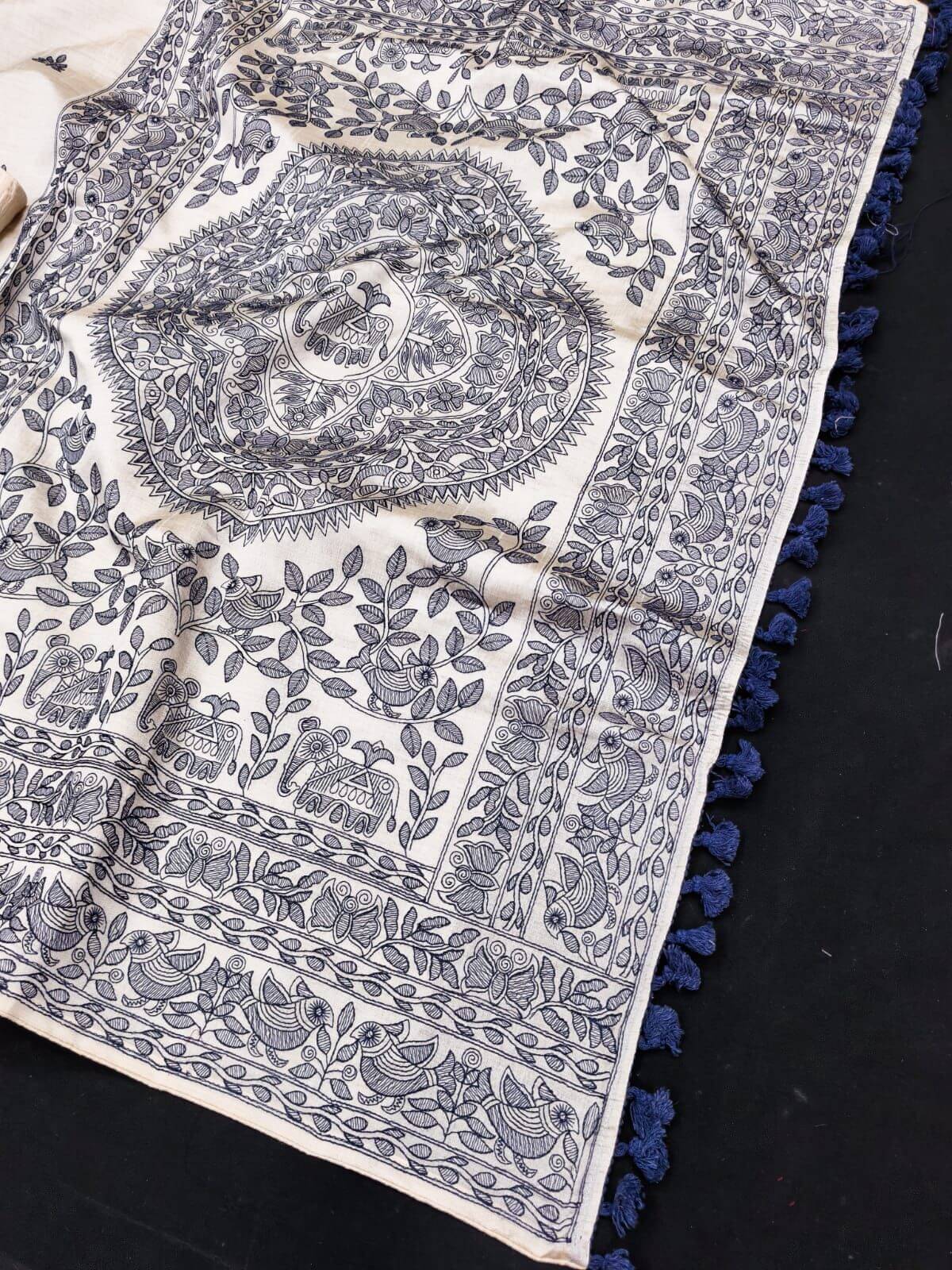 Nectarous Off White Embroidery Work Tussar Silk Saree With Sumptuous Blouse Piece