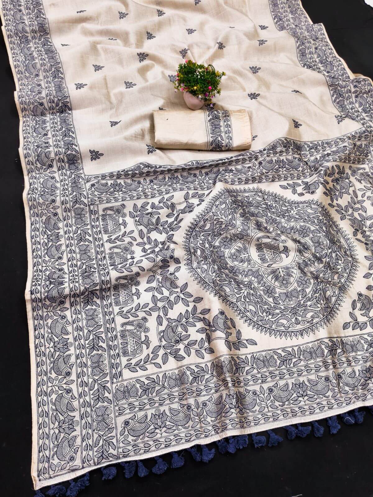 Nectarous Off White Embroidery Work Tussar Silk Saree With Sumptuous Blouse Piece