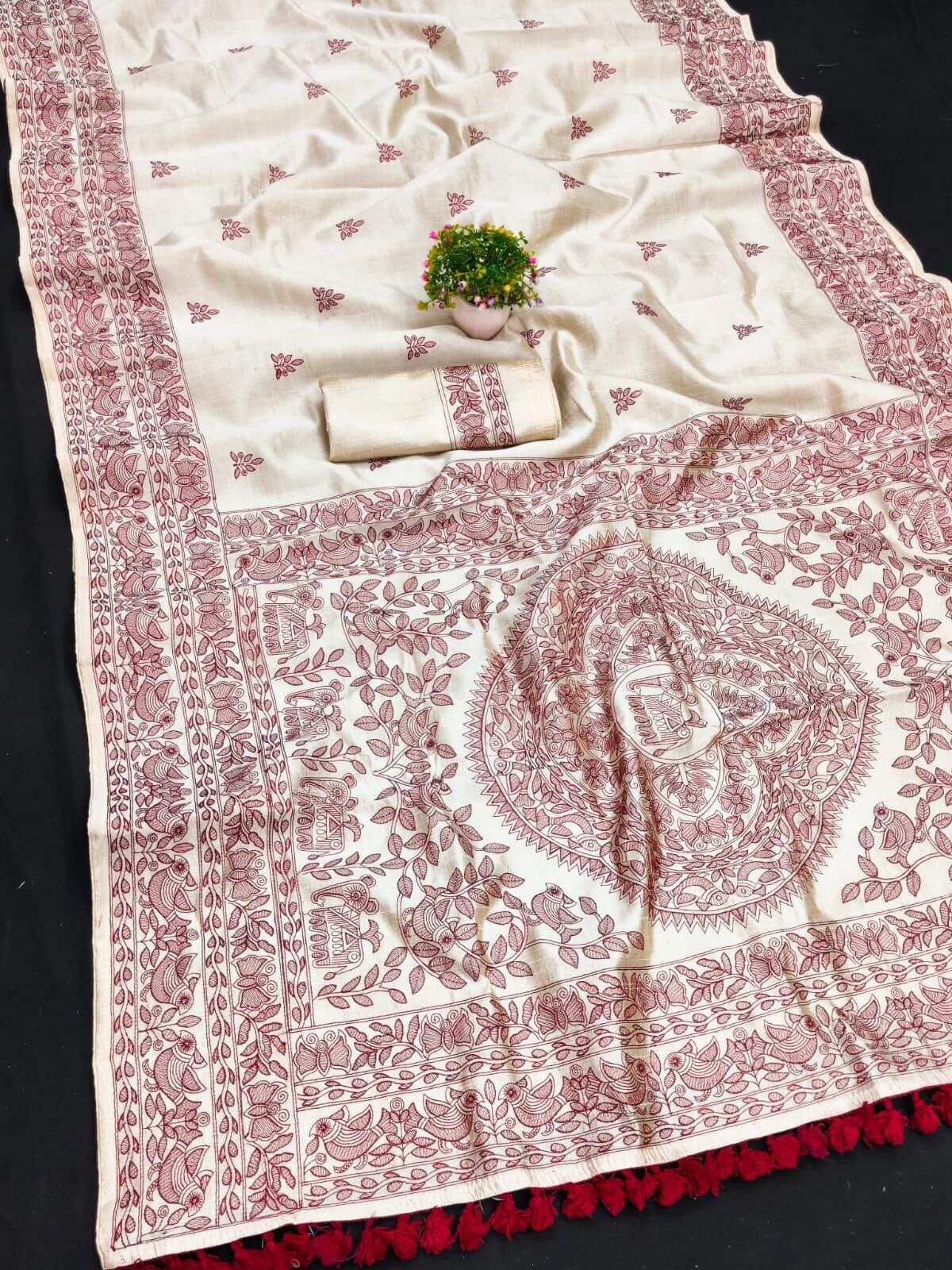 Beauteous Off White Embroidery Work Tussar Silk Saree With Classic Blouse Piece