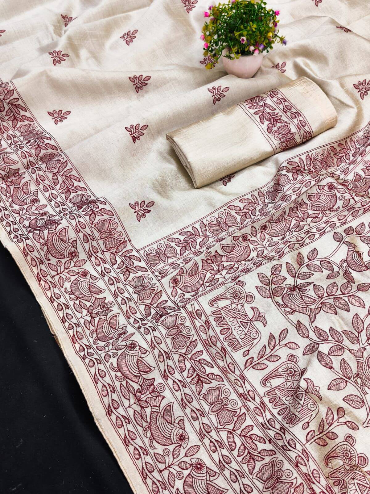 Beauteous Off White Embroidery Work Tussar Silk Saree With Classic Blouse Piece
