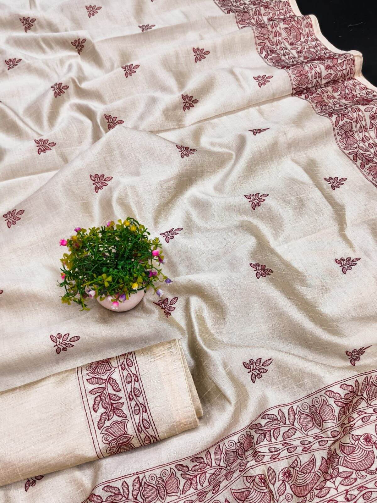 Beauteous Off White Embroidery Work Tussar Silk Saree With Classic Blouse Piece