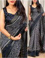 Space Black Printed Dola Silk Saree