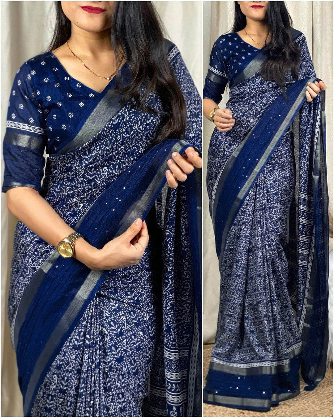 Sapphire Blue Printed Dola Silk Saree