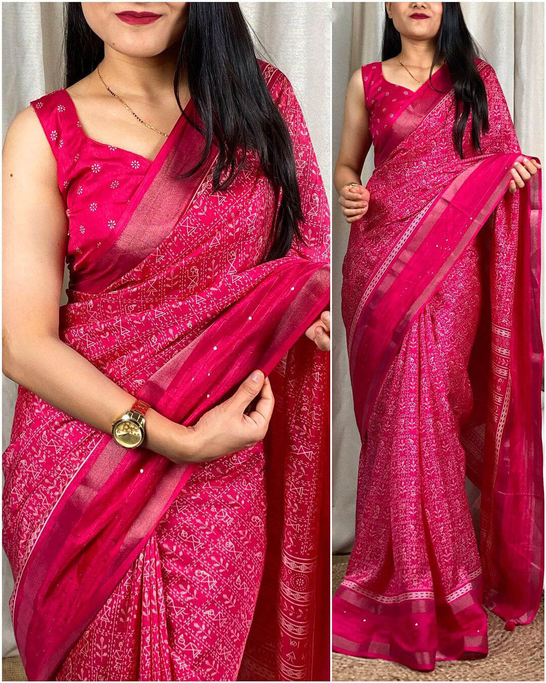 Awesome Pink Printed Dola Silk Saree