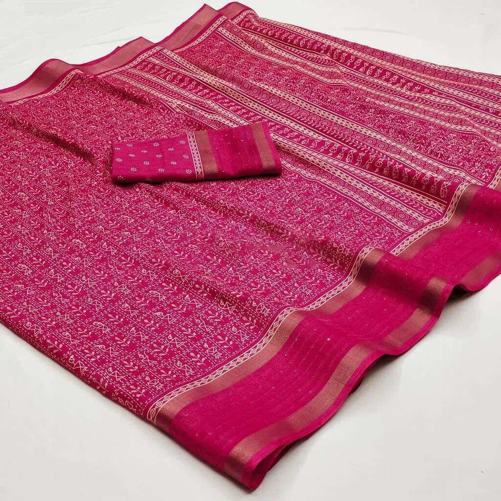 Awesome Pink Printed Dola Silk Saree