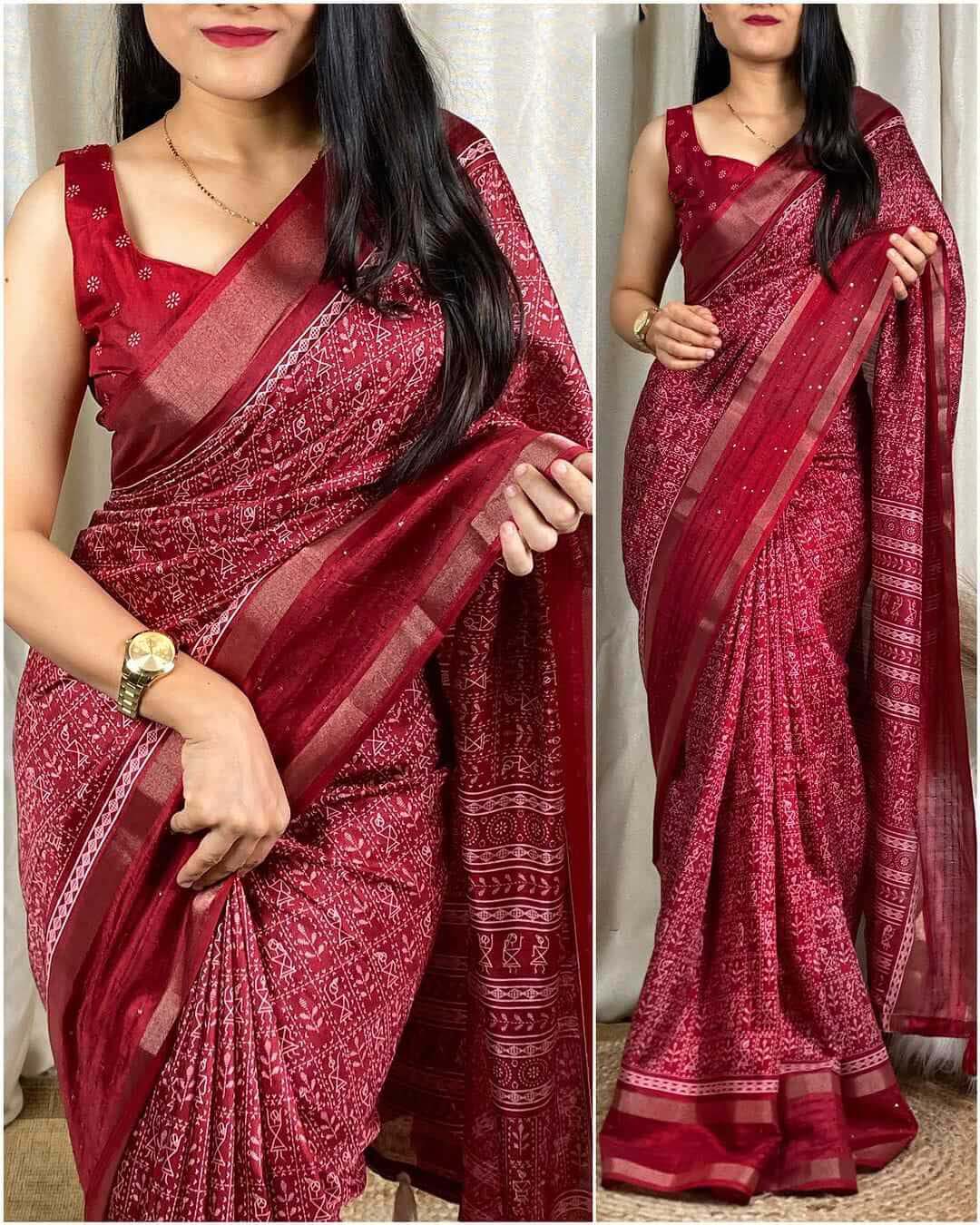 Paprika Maroon Printed Dola Silk Saree