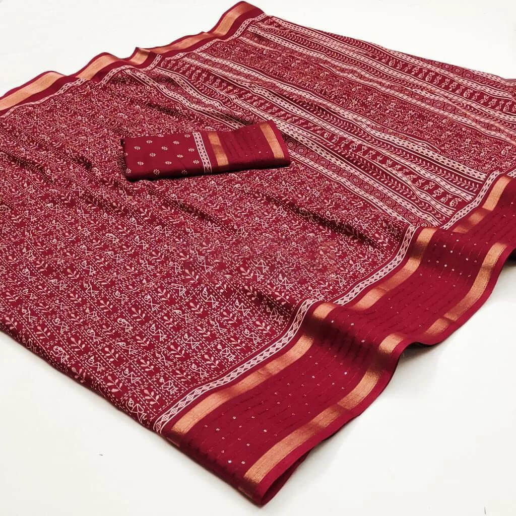 Paprika Maroon Printed Dola Silk Saree