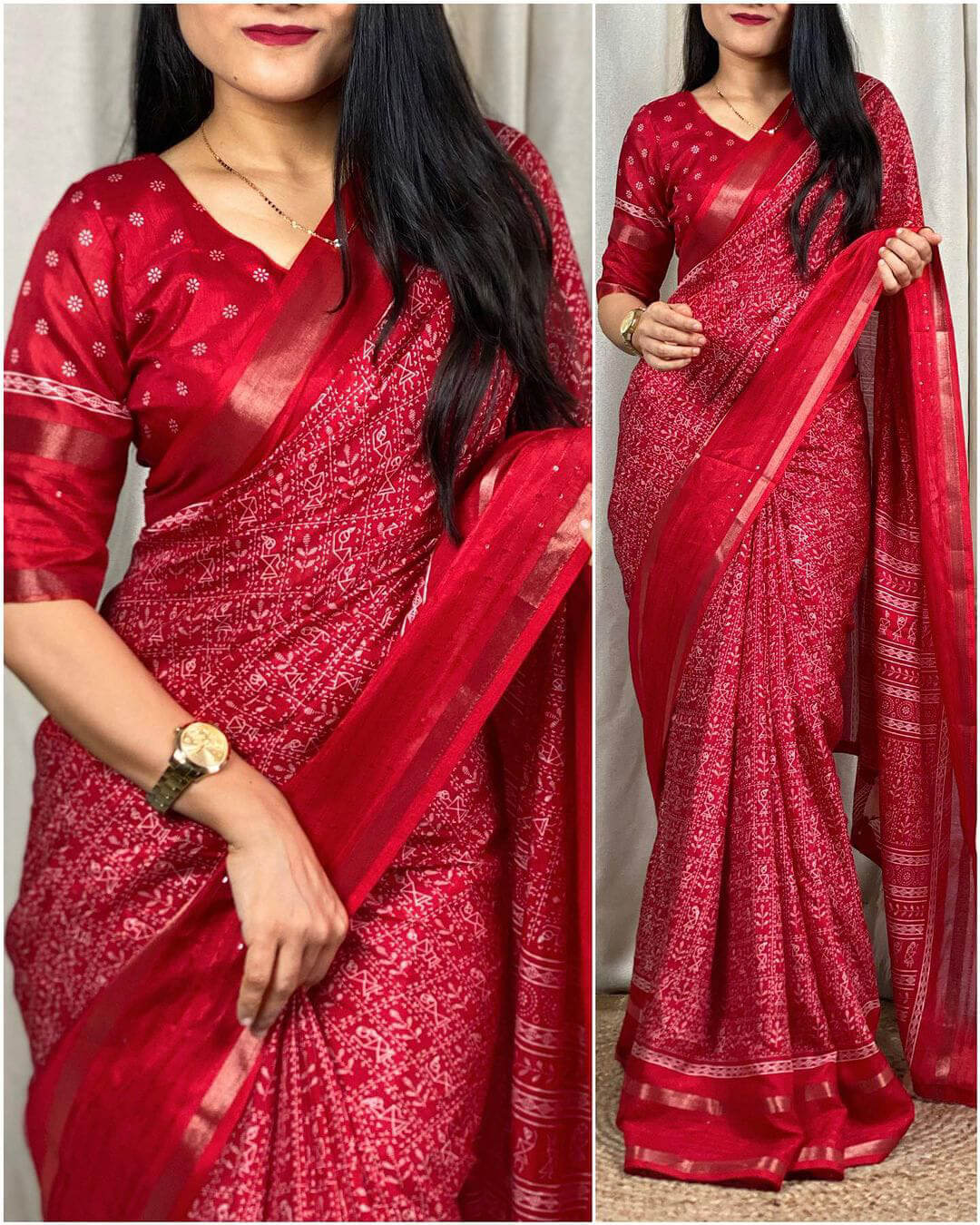 Crimson Red Printed Dola Silk Saree