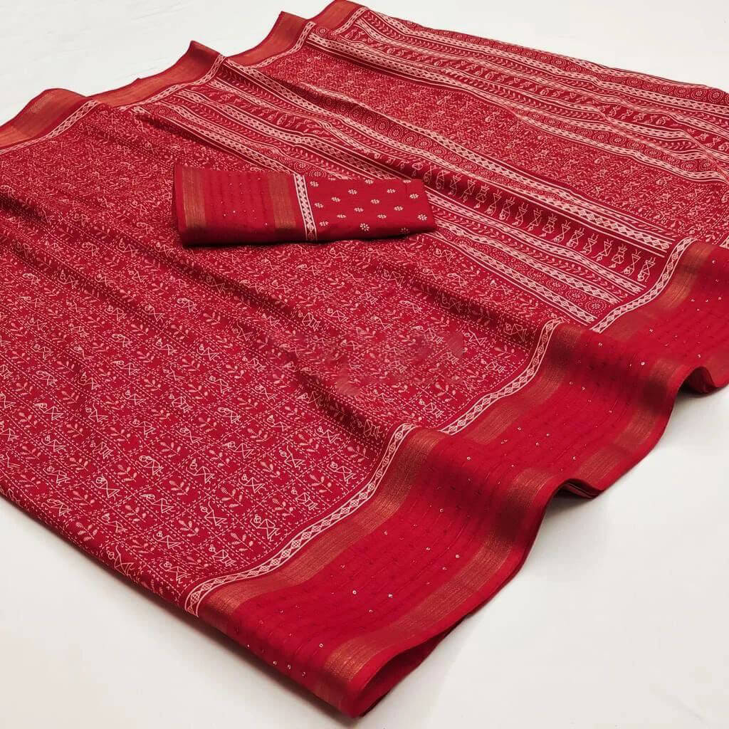 Crimson Red Printed Dola Silk Saree